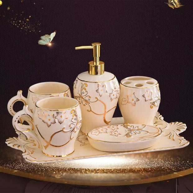 Ceramic and metal gilding Bathroom Accessory Set Washing Tools Bottle Mouthwash Cup Soap Toothbrush Holder Household Articles