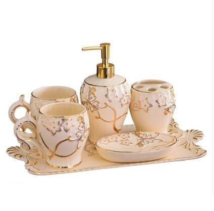 Ceramic and metal gilding Bathroom Accessory Set Washing Tools Bottle Mouthwash Cup Soap Toothbrush Holder Household Articles